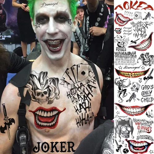 Miniatura 4 de VANTATY 5 hojas de tatuajes temporales 3D de Halloween Joker para hombres, mujeres y adultos, gótico, estilo de Halloween, impermeable, patrón de A