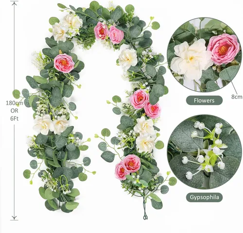 Miniatura 48 de TOCHGREEN Paquete de 2 Guirnaldas de Flores de Eucalipto Artificial de 12 Pies con Rosas Champán, Guirnalda de Flores de Rosa Falsa Verdor