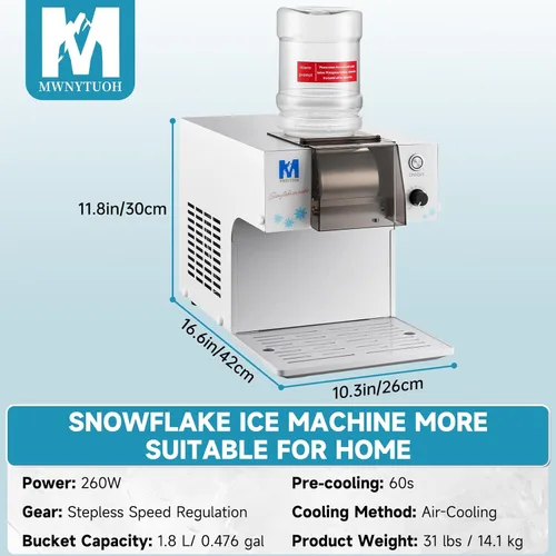 Miniatura 7 de Máquina de Hielo en Copos de Nieve, Máquina de Hielo Raspado de 260W para Copos de Nieve, Enfriamiento Rápido, Material de Acero Inoxidable de Grado