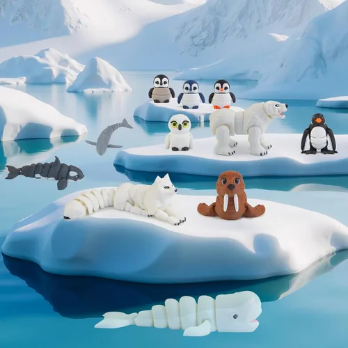 Miniatura 2 de 14 piezas de figuras de juguetes de animales árticos impresos en 3D, juguetes de baño articulados de animales polares realistas con oso polar