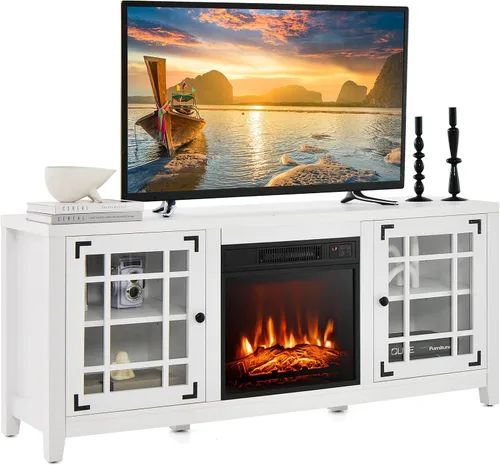Tangkula - Soporte de TV con chimenea para televisores de 65 pulgadas, consola de TV de 58 pulgadas con inserto de chimenea eléctrica, estantes