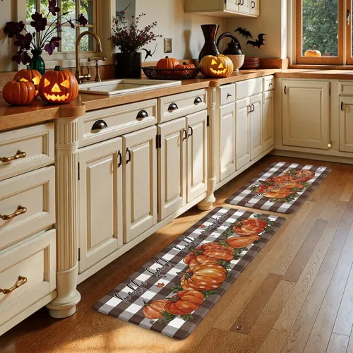 Miniatura 9 de KIMODE Tapetes Antifatiga para Piso de Cocina 17"x47"+17"x29", Juego de 2 Alfombras de Cocina a Cuadros Marrón y Blanco, Tapete de Cocina
