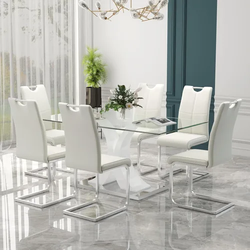 Miniatura 12 de Juego de comedor moderno de vidrio de lujo de 5 piezas, juego de cena rectangular minimalista grande para 4, juego de mesa de cocina de vidrio