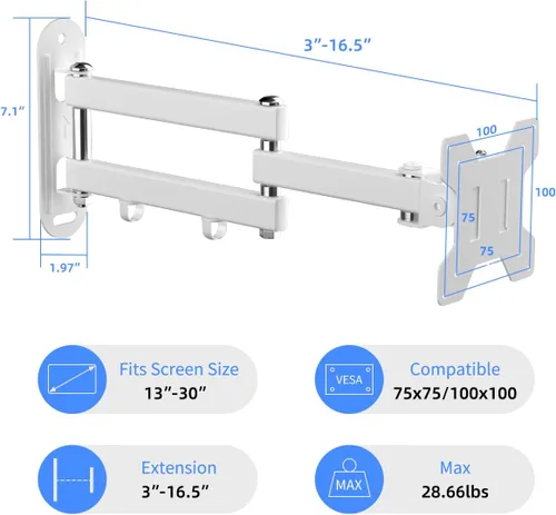 Miniatura 2 de Suptek - Soporte de pared para TV de movimiento completo para la mayoría de televisores y monitores de 13 a 30 pulgadas, televisores planos y Blanco