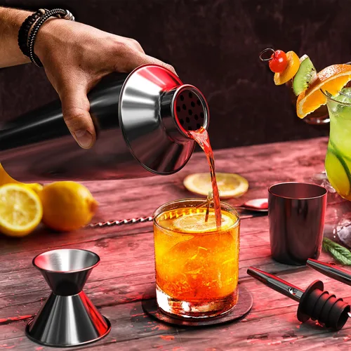 Miniatura 5 de Juego de coctelera de bar, kit de camarero, juego de cóctel negro de 8 piezas, kit de barman mixología, kit de coctelera de acero para bebidas