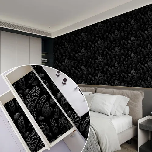 Miniatura 7 de Papel tapiz negro para despegar y pegar de 17.7 x 80 pulgadas, papel tapiz de plumas extraíble, moderno, papel de pared de vinilo impermeable, papel