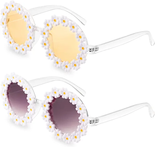 2 pares de lentes de sol de margarita para mujer, gafas redondas de flores para adultos y niños, decoración con bolsa de franela de tela para gafas