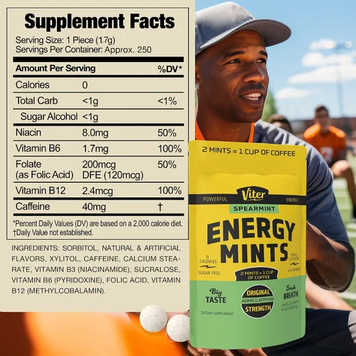 Miniatura 7 de Viter Energy 40 miligramos de mentas con cafeína - Sin azúcar, vitaminas B, veganas, aumenta la energía rápida y el enfoque alerta, píldoras