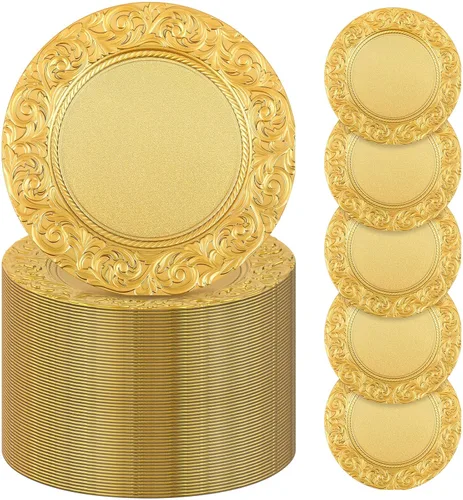 Miniatura 7 de Uiifan 24 Piezas Platos Base Antiguos a Granel 13'' Platos de Plástico en Relieve para Cena Platos Base Redondos Florales para Boda Cargadores Dorado