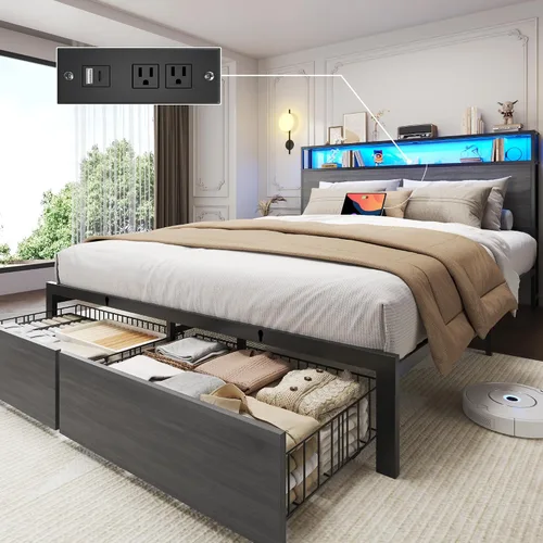 Miniatura 7 de Lifezone Base de cama Queen con cabecera de almacenamiento de 2 niveles, marco de cama de metal para dormitorio con 2 cajones de almacenamiento