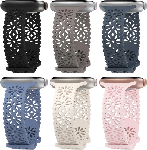 Paquete de 6 correas de silicona delgadas y huecas de encaje compatibles con Apple Watch de 1.496 pulgadas, 1.575 pulgadas, 1.614 pulgadas, 1.654