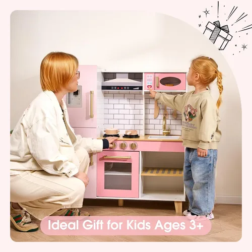 Miniatura 8 de Cocina de juego de madera para niños a partir de 3 años, cocina de juguete de simulación con luces y sonidos reales, estufa, fregadero, microondas