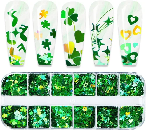 Miniatura 5 de 12 rejillas para el Día de San Patricio para uñas con purpurina y lentejuelas holográficas 3D trébol verde trébol para uñas con purpurina de corazón