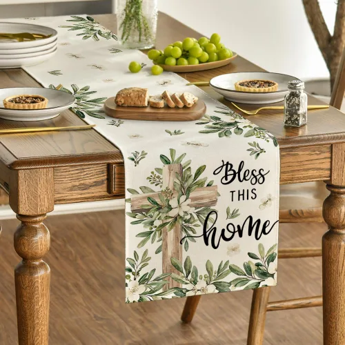 Miniatura 3 de Artoid Mode - Camino de mesa de hojas de olivo cruzadas, decoración de mesa de cocina y comedor de temporada de verano de Pascua, para decoración