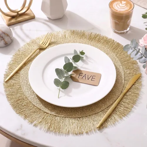 Miniatura 2 de FAVE Juego de 6 manteles individuales redondos de vinilo dorados, manteles individuales lavables calados con borlas para decoración de mesa, uso