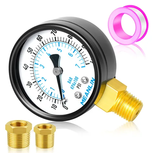 MEANLIN MEASURE Manómetro de presión de bomba de pozo de 0-100 Psi, cara de dial de 2", NPT de 1/4", con buje hexagonal de 1/2" NPT y 3/8" NPT,