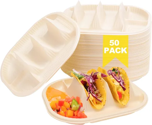 LUVCOSY Paquete de 50 Soportes Desechables para Tacos con Compartimentos para Salsas, Platos Biodegradables de Almidón de Maíz para Tacos para