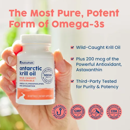 Miniatura 3 de NativePath Aceite de Krill Antártico Capturado en Estado Salvaje 500mg - Astaxantina Premium 200mcg Omega-3 EPA DHA Unido a Fosfolípidos - Fórmula