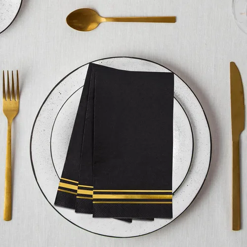 Miniatura 4 de 200 Servilletas de Papel con Ribete Dorado Negras Elegantes Servilletas de Cena, Servilletas de Invitados de 3 Capas con Papel Dorado Desechables