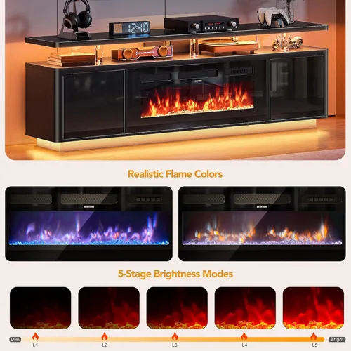 Miniatura 4 de oneinmil 70" Fireplace TV Stand for Living Room, Electric Fireplace Entertainment Center with Dual LED Lights & Storage Cabinets, Fits TVs up to