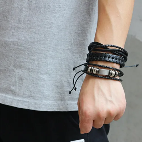 Miniatura 6 de Jstyle 12Pcs Braided Bracelet for Men Beaded Bracelets Wrap Leather Wooden Bracelets Adjustable