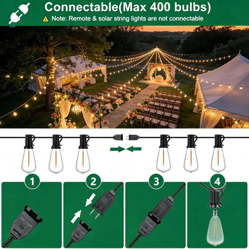 Miniatura 6 de Guirnalda de luces para exteriores de 25 pies, luces impermeables para patio con bombillas Edison ST38 vintage inastillables, luces colgantes
