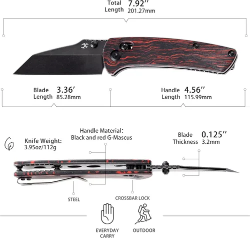 Miniatura 2 de KANSEPT Main Street - Cuchillo plegable de bolsillo, hoja afilada negra de 3.36 pulgadas de acero 154CM, mango G-Mascus negro y rojo con bloqueo