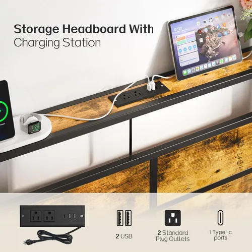 Miniatura 4 de Liians Base de cama tamaño King con cabecera de estación de carga USB tipo C, luces LED inteligentes, plataforma de metal sin ruido, no necesita