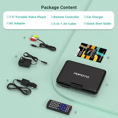 Miniatura 9 de POFOTO Reproductor de DVD portátil de 9.5 pulgadas para niños y automóvil con pantalla giratoria de 7.5 pulgadas, tiempo de trabajo de 4 a 6 horas