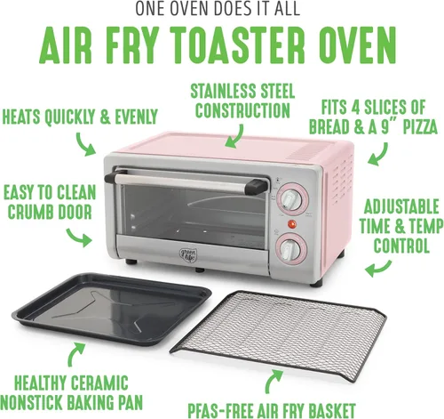 Miniatura 3 de GreenLife Horno tostador de encimera con freidora de aire de acero inoxidable, cerámica antiadherente saludable, libre de PFAS, bandeja y cesta, Rosa