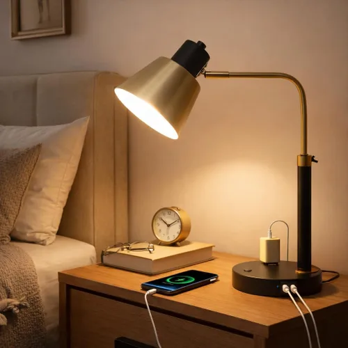Miniatura 6 de Lámpara de escritorio con USB-C, USB-A y toma de CA, lámpara de escritorio de metal ajustable con cabezal giratorio de 340°, lámpara de mesa
