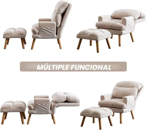Miniatura 5 de CANMOV Silla decorativa moderna con otomana, sillón de tela suave con respaldo ajustable y bolsillos laterales, cómoda silla de descanso para sala