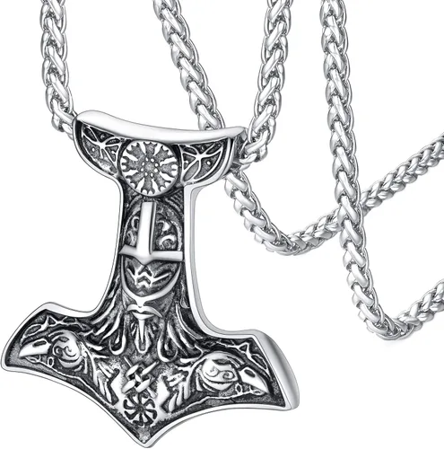 FaithHeart Viking Thor's Hammer Talisman Necklace for Men, Vintage Norse Mjolnir Amulet Pendant, Stainless Steel Jewelry