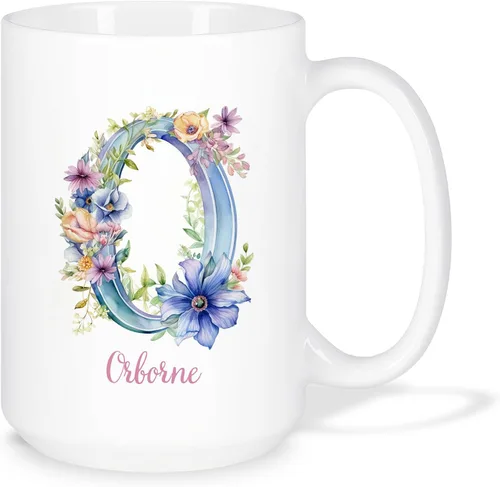 Miniatura 13 de Taza de café personalizada de la letra A del alfabeto, Taza de café blanca con nombre personalizado único, Taza inicial de monograma floral