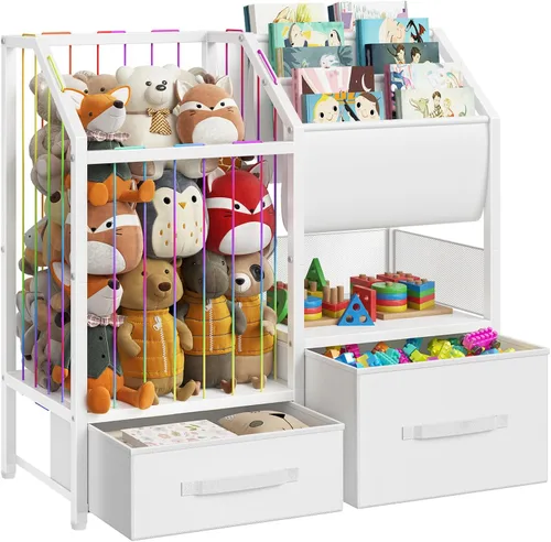 HOOBRO Estantería para niños y organizador de almacenamiento de juguetes, almacenamiento de animales de peluche con estantería con eslinga y cajones