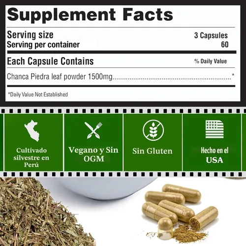 Miniatura 7 de Peruvian Naturals Chanca Piedra Stone Breaker 180 Cápsulas – Disolvente de Cálculos Renales y de Vesícula Biliar – 1500mg por Porción – Chancapiedra