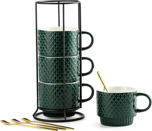 LYEOBOH Juego de Tazas de Café de Porcelana Apilables con Soporte y Cucharas, 13 OZ. Tazas de Capuchino Demitasse para Bebidas, Expreso, Latte,