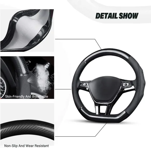 Miniatura 4 de Ergocar Funda para Volante de Coche Antideslizante Protector de Volante Deportivo en Forma de D de Fibra de Carbono y Primera Capa de Cuero de Vaca