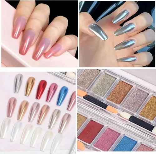 Miniatura 4 de COOSLIM Polvo de uñas cromado dorado y plateado, 6 colores holográficos iridiscentes cromados, efecto espejo metálico, paleta de polvo cromado