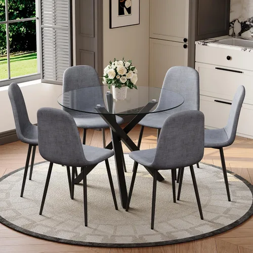 Miniatura 28 de Juego de mesa de comedor redonda para 6, juego de mesa de comedor de vidrio de 39 pulgadas con base de metal ajustable dorada en forma de X y 6