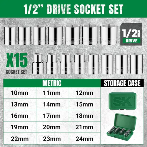 Miniatura 3 de SK Tools USA 1/2 Drive, 15 piezas, 6 puntos, estándar, juego de enchufes cromados métricos: 0.394 in - 0.945 in 1955