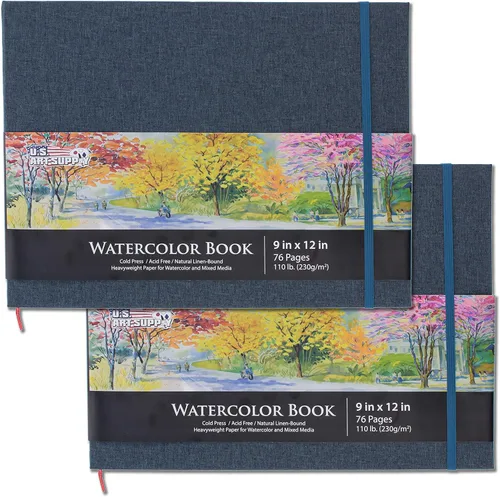 Miniatura 8 de U.S. Art Supply Libro de acuarela de 5.5 x 8.5 pulgadas (paquete de 2, 76 hojas cada uno), 110 libras (230 GSM) encuadernado en lino, bloc de papel