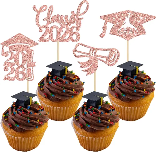 Miniatura 18 de 24 piezas 2026 decoraciones para cupcakes de graduación 2026 con purpurina clase de 2026 para graduación de graduación para felicitaciones 2026