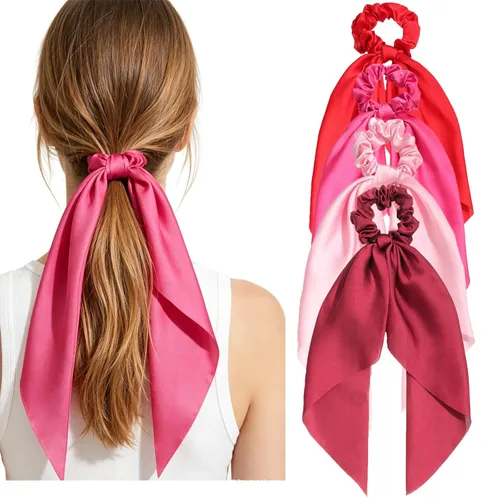 Miniatura 22 de Coleteros para el cabello para mujer, bufanda LFOUVRE Scrunchies, 2 piezas de bufandas anudadas para niñas, bufanda de satén sedoso, banda elástica