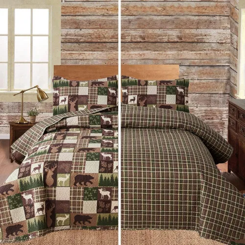 Alce Lodge - Juego de edredón ligero acolchonado tamaño King (96 x 106 pulgadas). Juego de edredón ligero para cama diseño de cuadros, osos, ciervo,