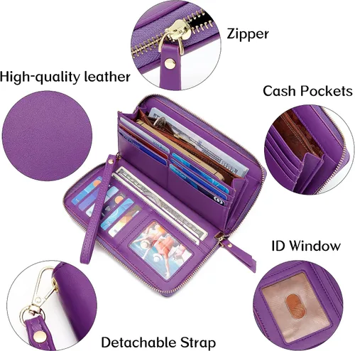 Miniatura 5 de GEEAD Billeteras para mujer, de piel sintética, de gran capacidad, para tarjetas de crédito, cartera de mano, Violeta oscuro, De moda
