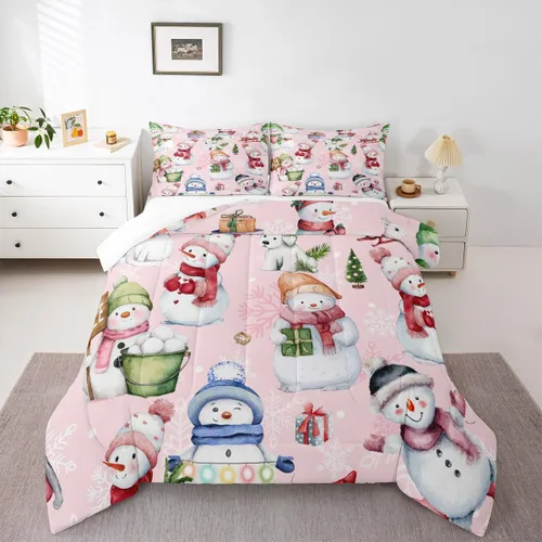 Miniatura 7 de Manfei Juego de edredón de Navidad, tamaño Queen, lindo muñeco de nieve, perros, copo de nieve, edredón con 2 fundas de almohada, juego de ropa