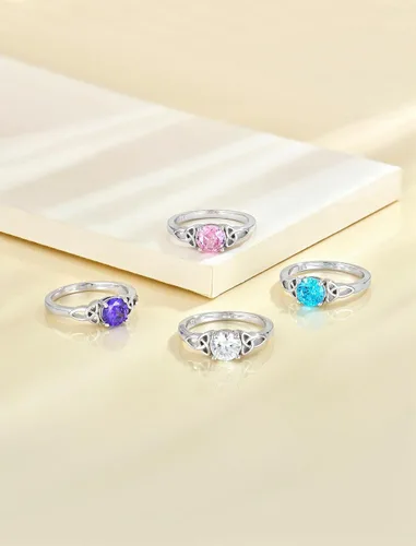 Miniatura 5 de YL Anillos de nudo celta para mujer de plata de ley 925 con piedra de nacimiento de corte redondo
