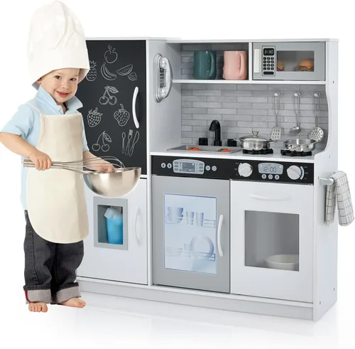 Miniatura 13 de Juego de cocina, juguete de cocina de madera para niños con microondas, nevera, horno fácil de hornear, pizarra y máquina de hielo, juguetes de Verde