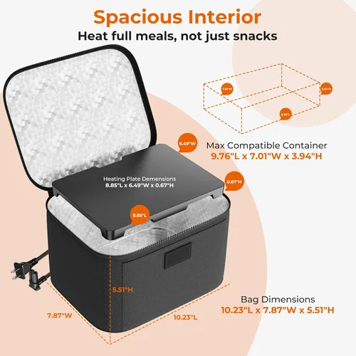 Miniatura 4 de Lonchera eléctrica con calentador de alimentos - 12V/24V/110V Horno portátil 3-en-1, calentador de alimentos para automóvil, mini microondas Negro